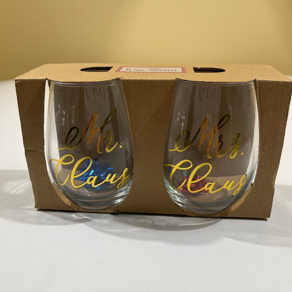 Mr & Mrs Claus Stemless Wine Glasses Set 2pc Lucky Star Clear Gold Holiday Decor